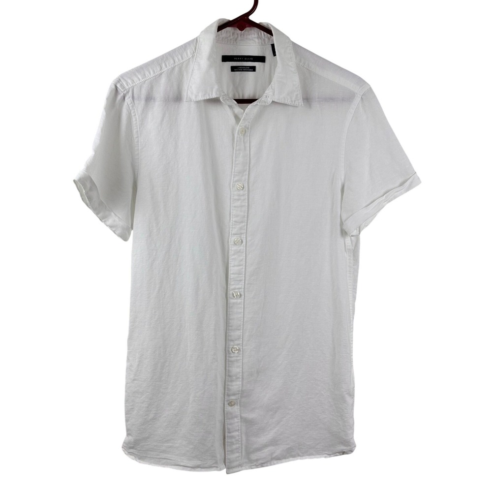 Perry Ellis Mens White Linen Blend Short Sleeve Button Down Shirt Size Small
